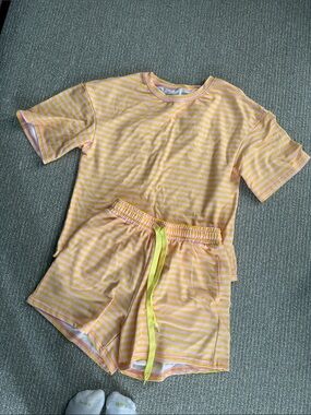 Yellow & Pink Striped Lounge Set - Short Sleeve Top + Shorts